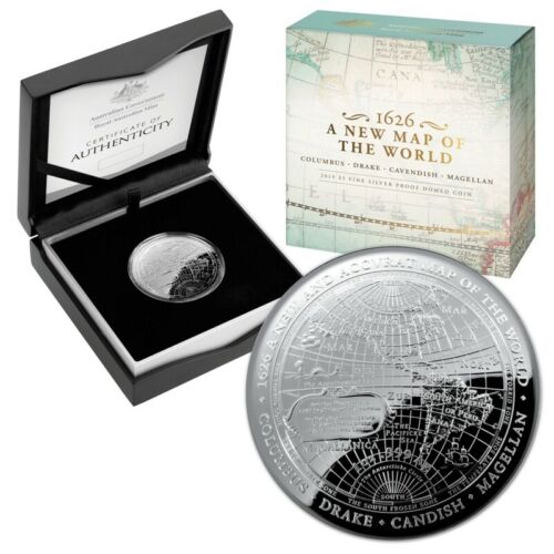 2019 $5 New Map of The World Silver Proof Domed Coin