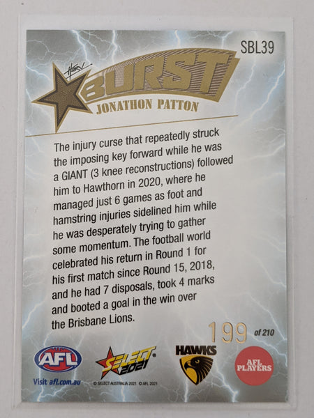 2021 AFL Select Footy Stars Lightning Burst Jonathon Patton Hawthorn 199/210
