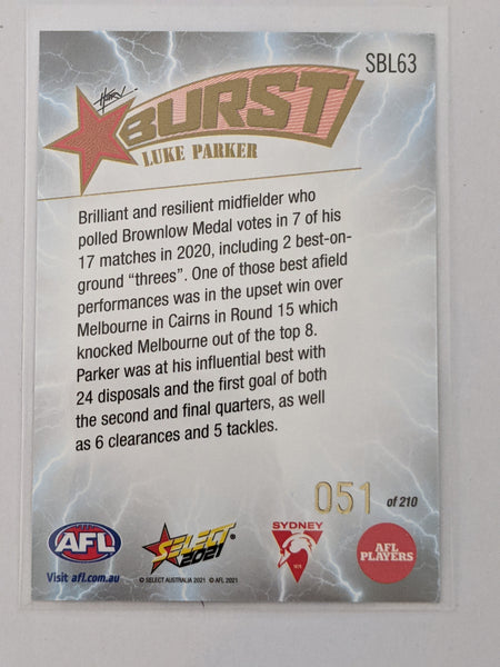 2021 AFL Footy Stars Lightning Burst Luke Parker Sydney 51/210
