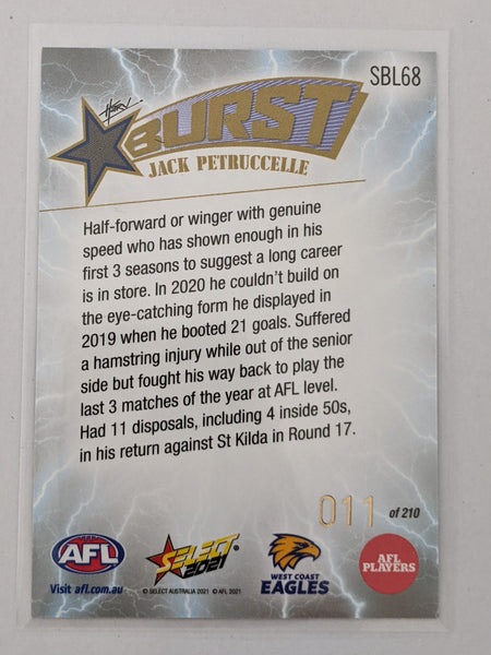 2021 AFL Footy Stars Lightning Burst SBL68 Jake Petruccelle West Coast 11/210
