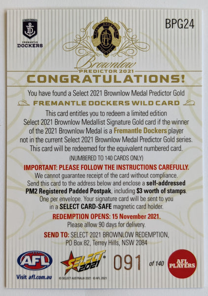 2021 AFL Select Footy Stars Brownlow Predictor Wildcard Fremantle Dockers 91/140