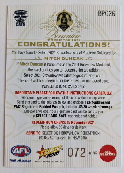 2021 AFL Select Footy Stars Brownlow Predictor Mitch Duncan Geelong