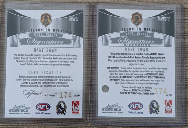 2012 AFL Select Eternity Dane Swan Brownlow Medal Signature Redemption Collingwood