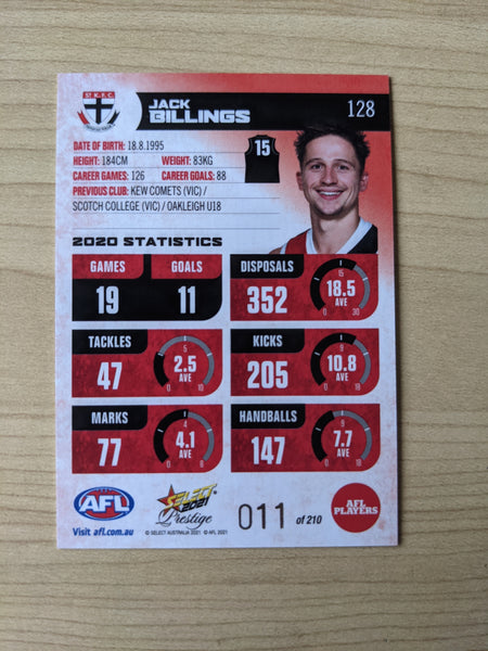 2021 AFL Select Prestige Red Parallel St Kilda Jack Billings 11/210