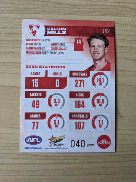 2021 AFL Select Prestige Red Parallel Sydney Callum Mills 40/210