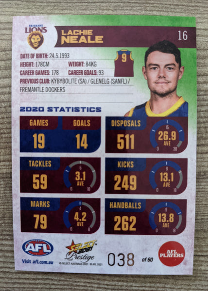 2021 AFL Select Prestige Green Parallel Brisbane Lachie Neale 38/60