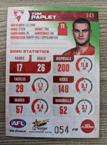 2021 AFL Select Prestige Green Parallel Sydney Tom Papley 54/60