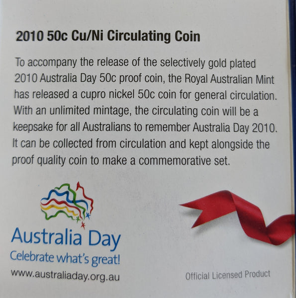 Australia 2010 Royal Australian Mint 50c Australia Day .999 Silver Proof Gold Plated Coin