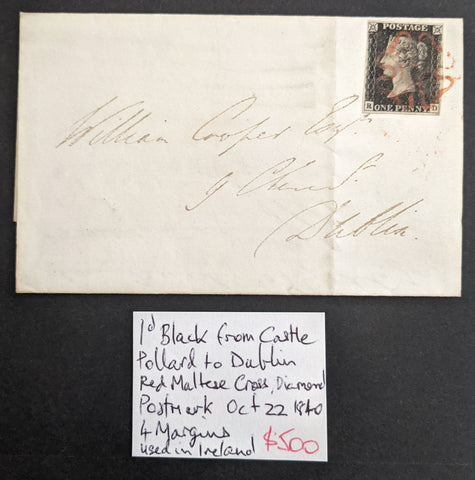 Great Britain 1840 Penny Black Cover from Castle Pollard to Dublin Red Maltese Cross
