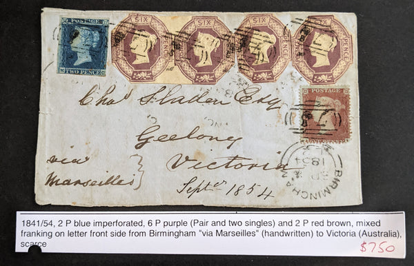 GB 1841-54 6 Stamps Mixed Franking on Letter from Birmingham to Victoria Australia