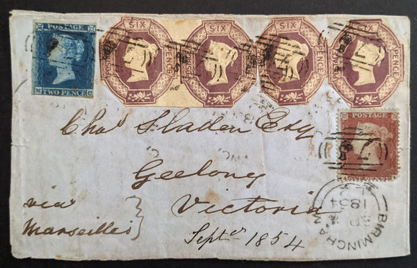 GB 1841-54 6 Stamps Mixed Franking on Letter from Birmingham to Victoria Australia