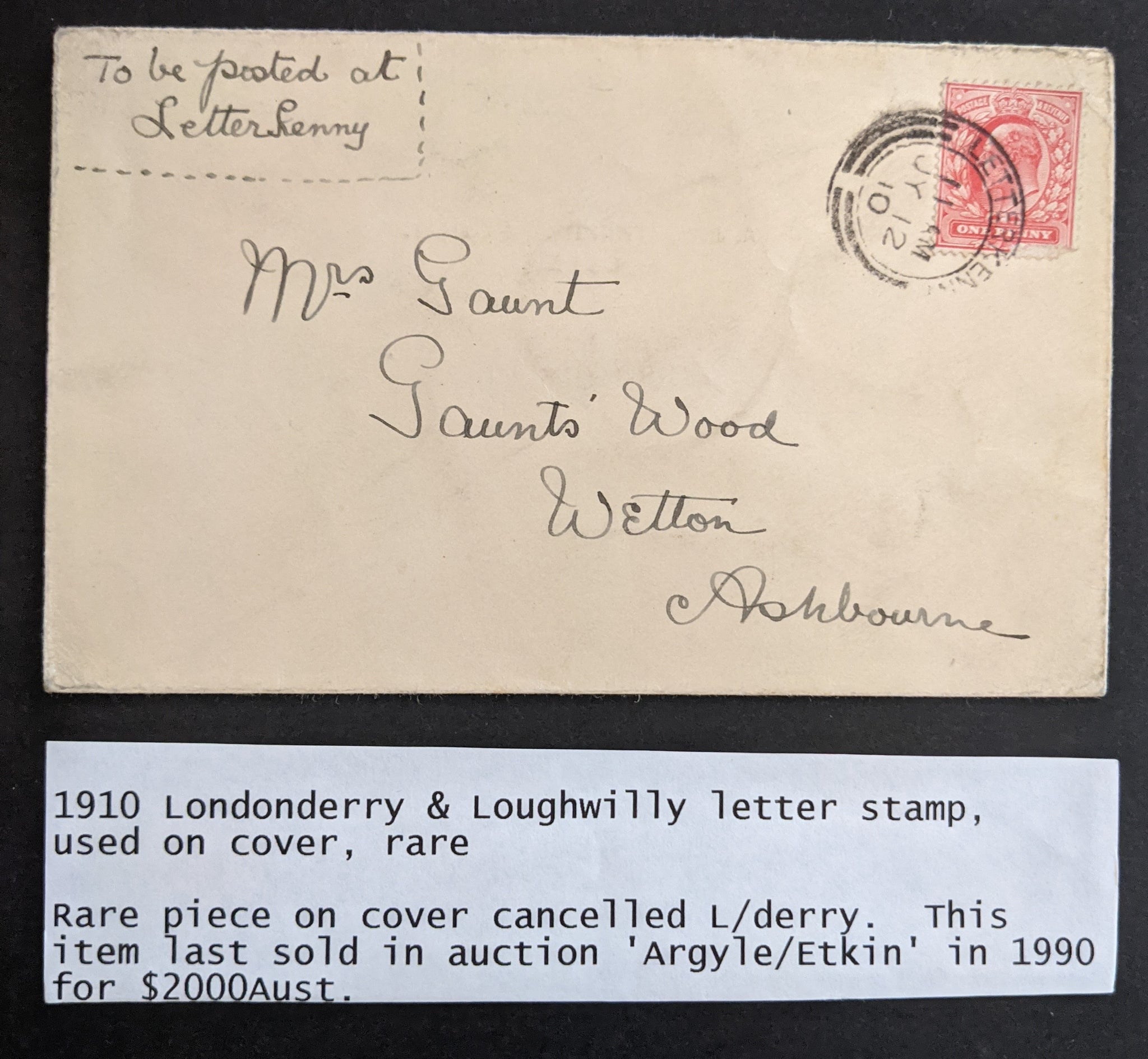 GB Great Britain 1910 Londonderry & Loughwilly Letter Stamp Used on Cover Rare