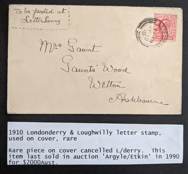GB Great Britain 1910 Londonderry & Loughwilly Letter Stamp Used on Cover Rare