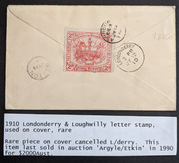 Great Britain 1910 Londonderry & Loughwilly Letter Stamp Used on Cover Rare
