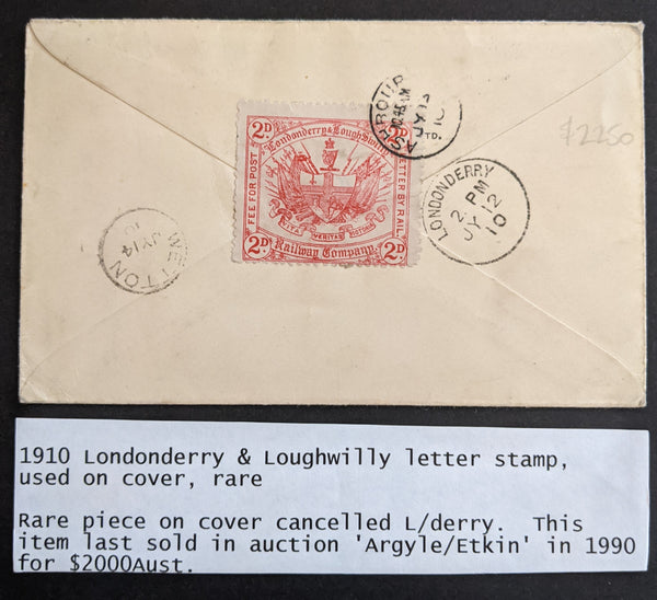 GB Great Britain 1910 Londonderry & Loughwilly Letter Stamp Used on Cover Rare