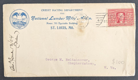 USA 1904 St Louis 2c Jefferson on National Lumber advertising cover with Olympic Games Slogan on Cover