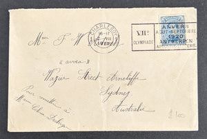 Olympics 1920 Olympic Games Antwerp. King Charleroi Cover sent to Sydney Australia