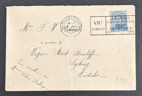 Olympics 1920 Olympic Games Antwerp. King Charleroi Cover sent to Sydney Australia