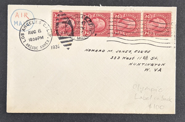 USA United States 1932 Olympic Games Los Angeles California USA Label on back of Cover