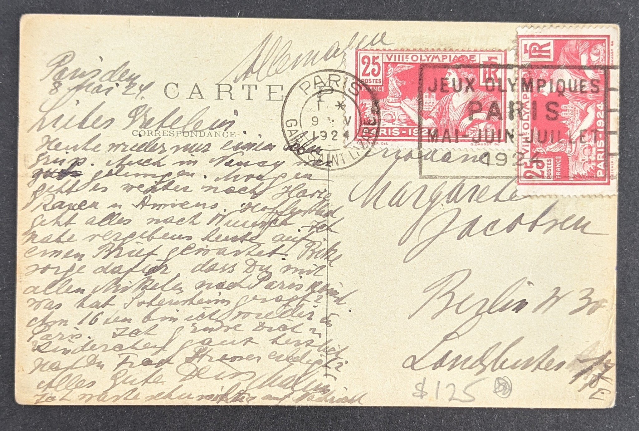 Olympics 1924 Olympic Games Paris France Slogan on Postcard