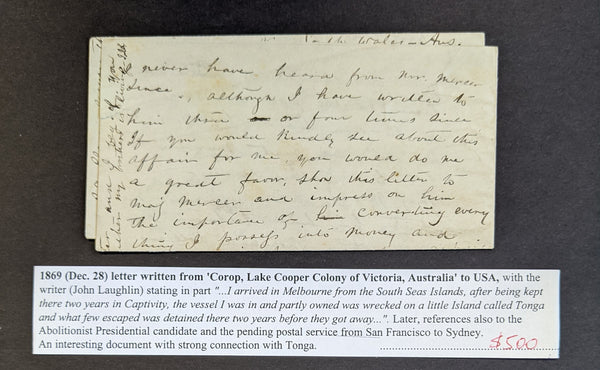 Tonga Toga 1869 Letter from Corop, Lake Cooper Colony of Victoria to USA