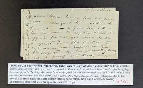 Tonga Toga 1869 Letter from Corop, Lake Cooper Colony of Victoria to USA