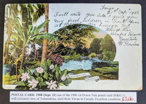 Tonga Toga 1908 SEP 21 1d Ovava Tree Postcard Sent to Canada