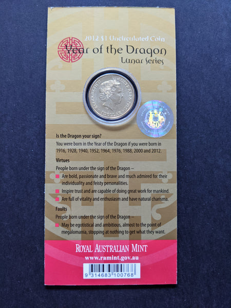 Australia 2012 Royal Australian Mint $1 Lunar New Year of the Dragon