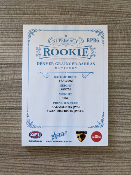2021 AFL Select Supremacy Rookie Denver Grainger-Barras Hawthorn 36/85