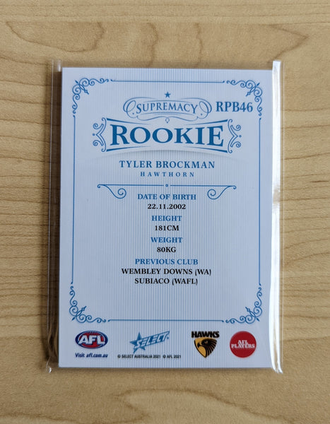 2021 AFL Select Supremacy Rookie Tyler Brockman Hawthorn Low Number 06/85