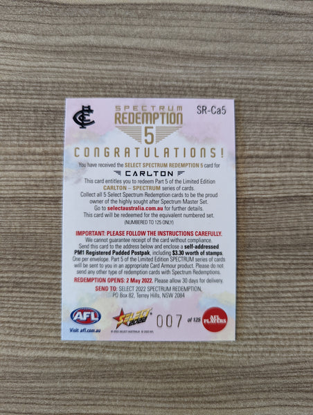2022 AFL Select Footy Stars Spectrum Redemption 5 Carlton Low 007/125