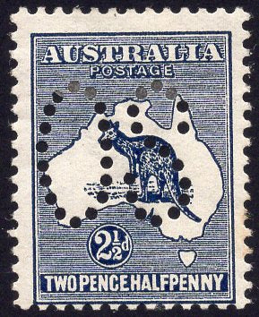 Australia SG O4 2½d Indigo Kangaroo 1st Watermark Perforated Large OS, MLH