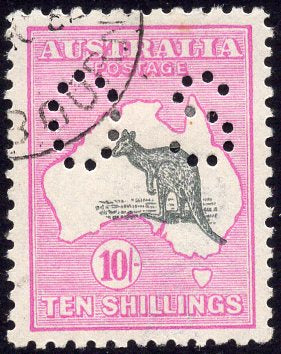 Australia SG O51 10/- Grey & Pink Kangaroo 3rd Watermark perforated  OS Stamp