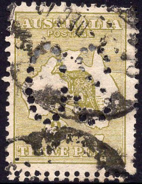 Australia SG O5 3d Olive Doulbe Perf Kangaroo 1st Watermark Perforated Large OS used