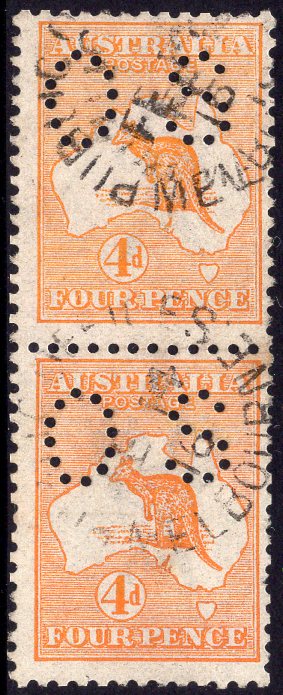 Australia SG O21 4d Orange Kangaroo Pair 1st Watermark Perforated Small OS Used