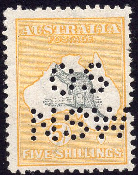 Australia SG 13 5/- Grey & Yellow Kangaroo 1st Watermark Perforated OS NSW MLH