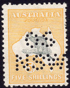 Australia SG 13 5/- Grey & Yellow Kangaroo 1st Watermark Perforated OS NSW MLH