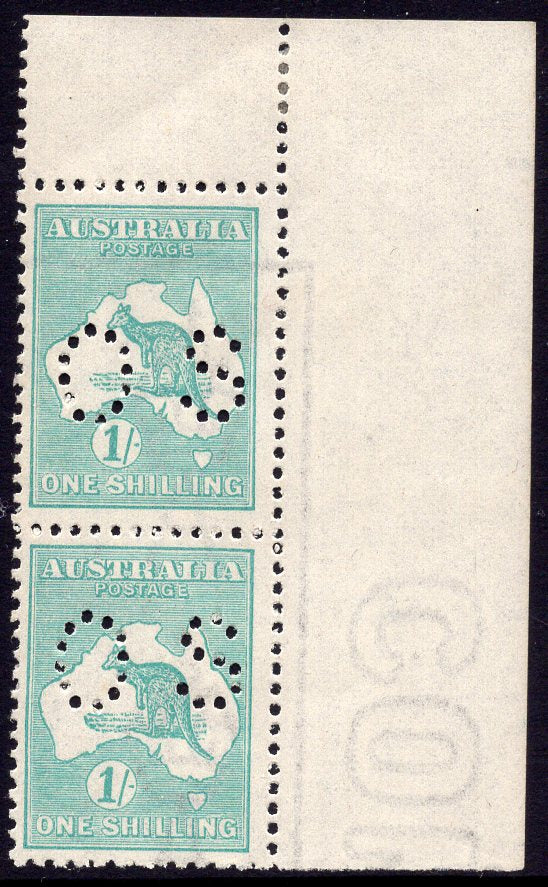 Australia SG O48 1/- Green Kangaroo 3rd Wmk Perf OS MUH Stamp