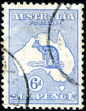 Australia SG 9a 6d Kangaroo on Map Stamp. Retouched E. Used