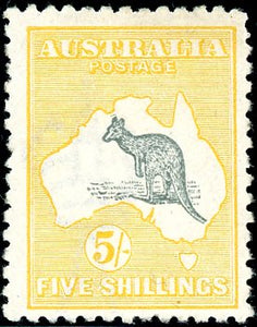 Australia SG 30 5/- Grey & Yellow Kangaroo 2nd Watermark MUH