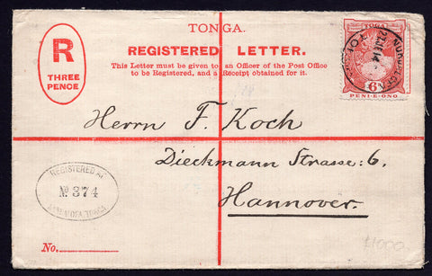 Tonga Toga 1914 Registered Envelope sent to Hannover Germany
