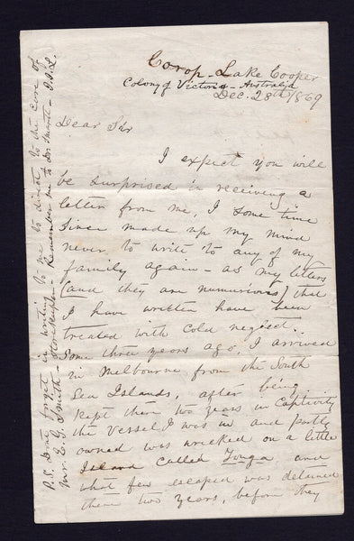 Tonga Toga 1869 Letter from Corop, Lake Cooper Colony of Victoria to USA