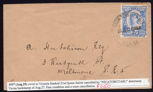 Tonga Toga 1937 Cover to Victoria Queen Salote Stamp Cancelled Niuatobutabu