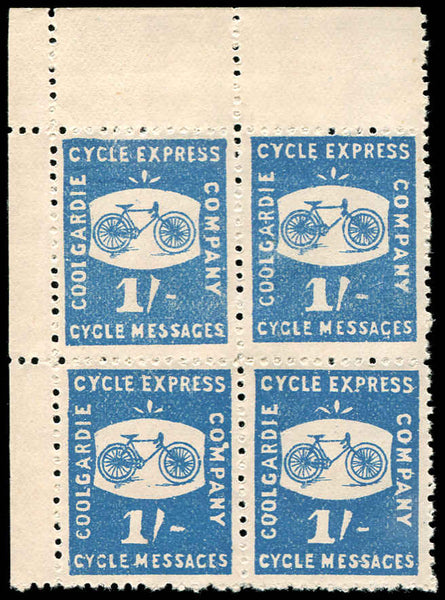 WA Western Australia Goldfields 1/- & 2/6  Cycle mail local stamps in Blocks of 4 MUH