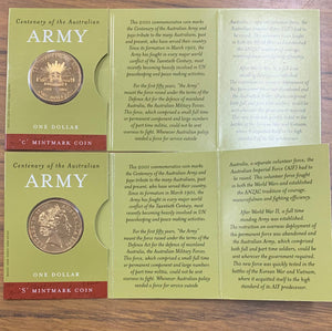 Australia 2001 Royal Australian Mint $1 Army Centenary Uncirculated Coins C & S mintmarks in RAM folders