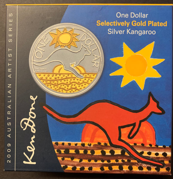 Australia 2009 Royal Australian Mint $1 Kangaroo Ken Done design Gold Plated Ounce Silver Proof