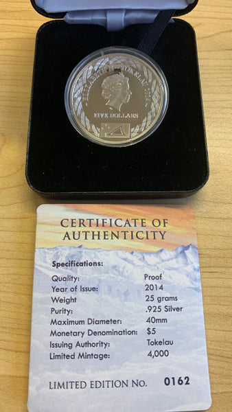 Tokelau Islands 2014 Australian Antarctic Anniversary Expedition 1oz .925 Silver Proof Coin Box Cert