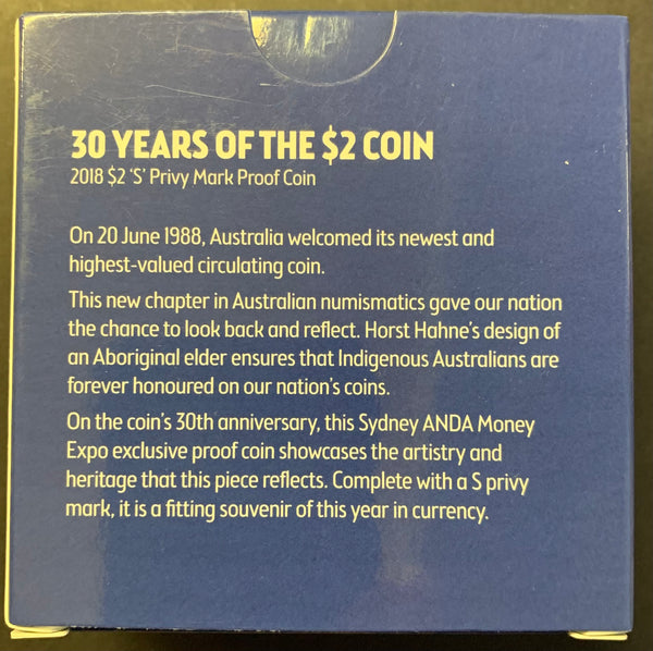 2018 ANDA Australia 30 years of the $2 Proof Coin  with "S" Privy Mark