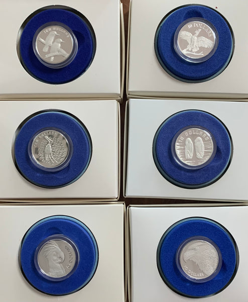 Australia 1989-1994 Royal Australian Mint Birds of Australia 6 x $10 Piedfort Proof Sterling Silver Coin Set