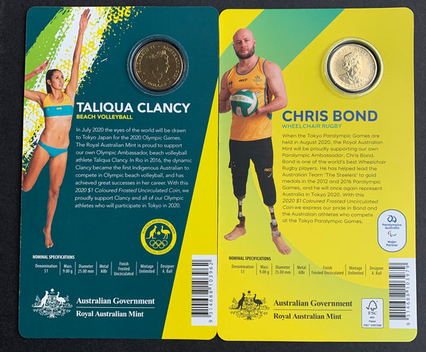 Australia 2020 Royal Australian Mint $1 Tokyo Olympic Games carded Coloured set of 2 Uncirculated Coins.